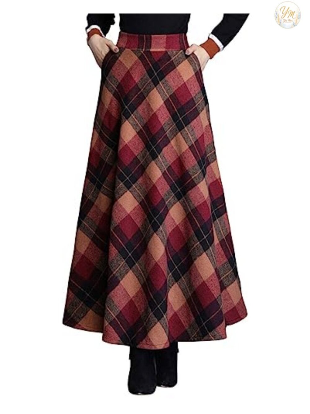 Wool Blend High Waist A-Line Maxi Skirt with Pockets